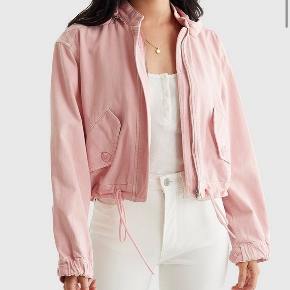 Women's NWT Lucky Brand Under A Cloud Cropped Jacket Pink Large w/Removable Hood - Picture 1 of 15